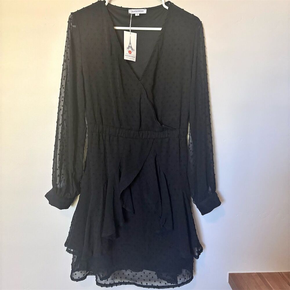 Aooksmery Women's Black Swiss Dot Chiffon Wrap Mini Dress Size M
